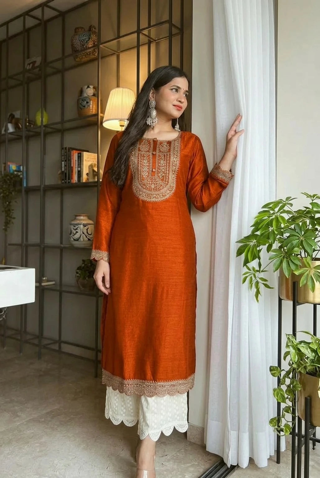 RARE THREAD Women Embroidered Silk Blend A-line Kurta (Orange)
