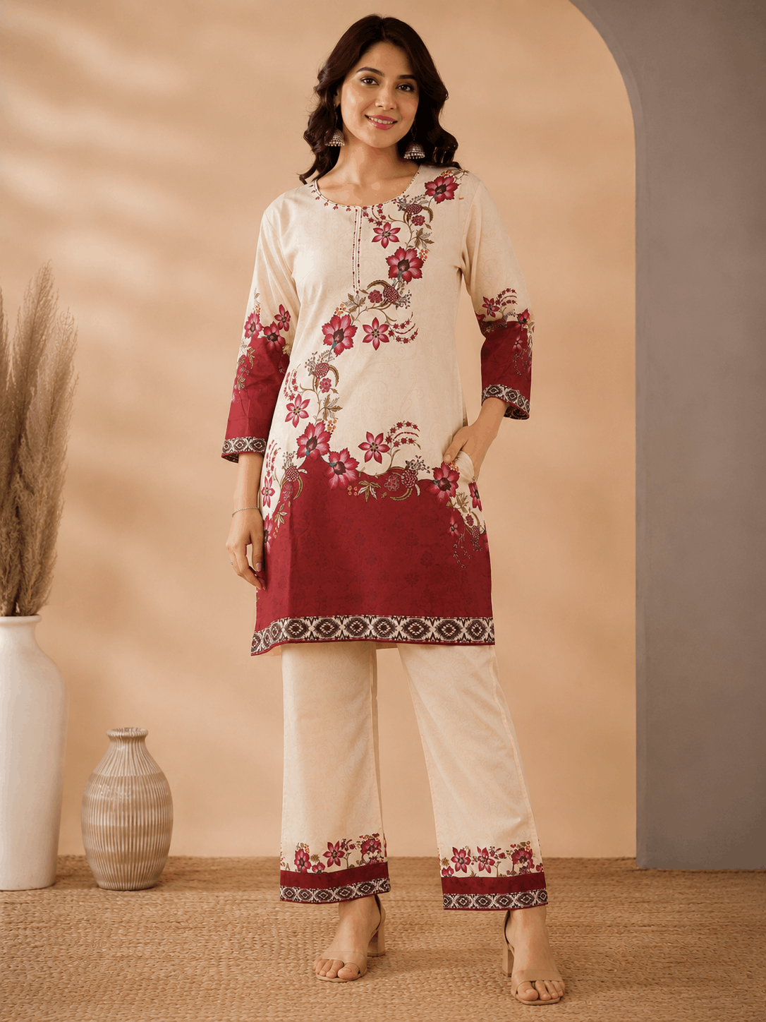 Premium Floral Printed Cord Set – Cream & Maroon