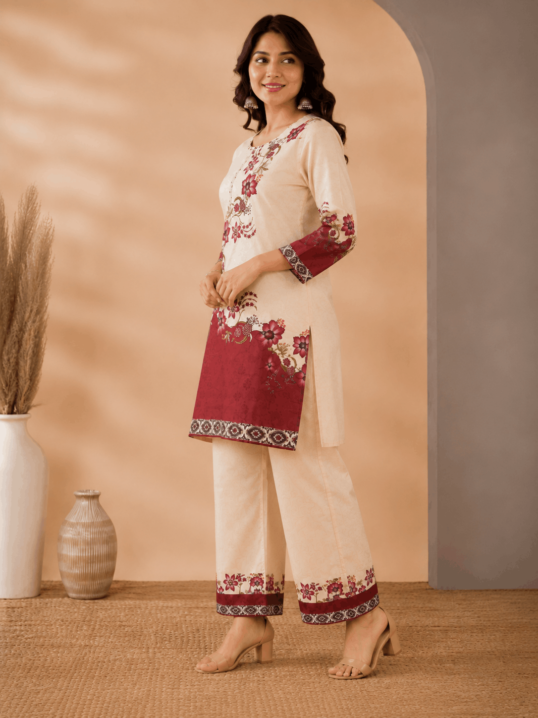 Premium Floral Printed Cord Set – Cream & Maroon