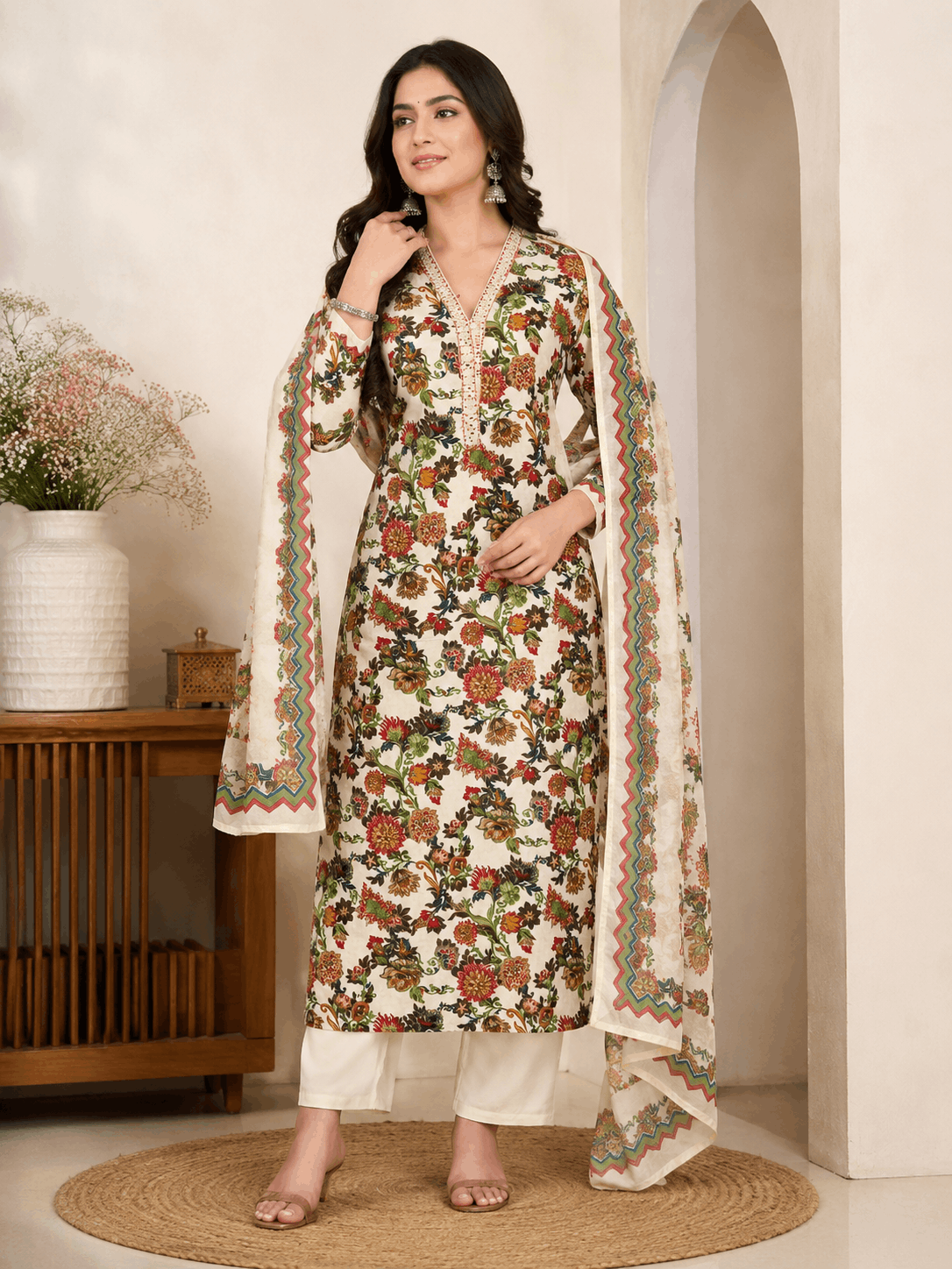 Premium Floral Printed Cotton 3 Piece Suit Set