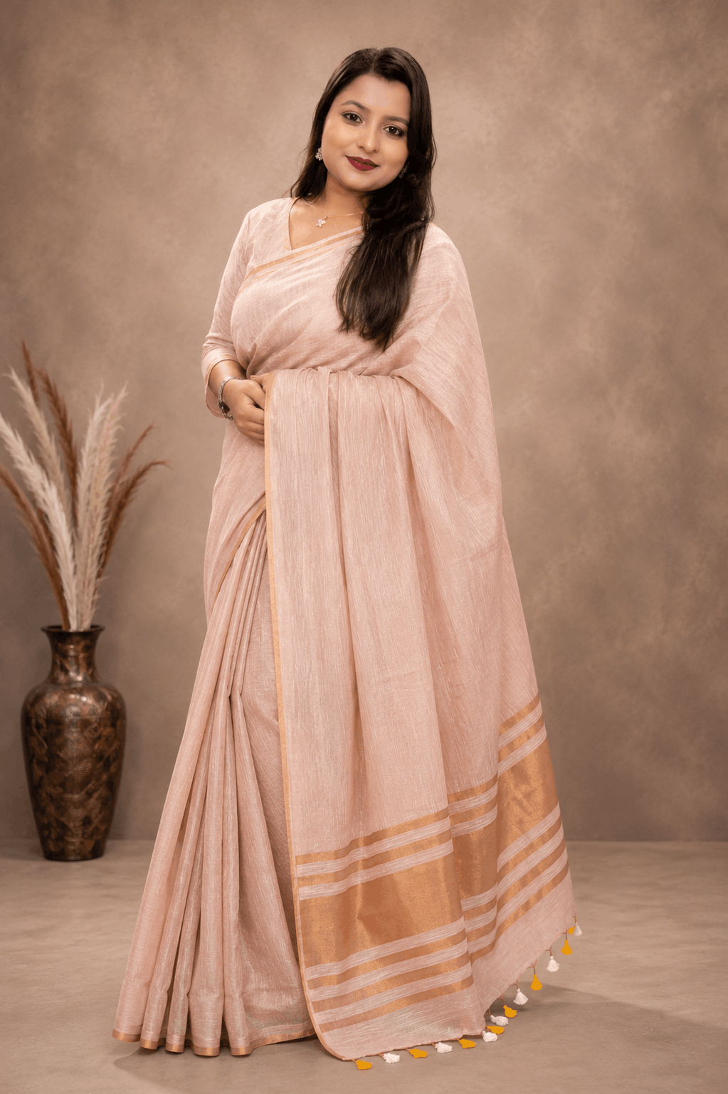 Premium Tissue Linen Saree – Elegant Blush Pink with Golden Border