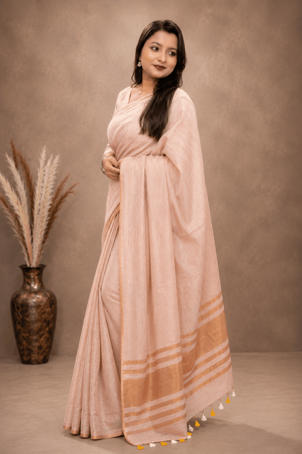 Premium Tissue Linen Saree – Elegant Blush Pink with Golden Border