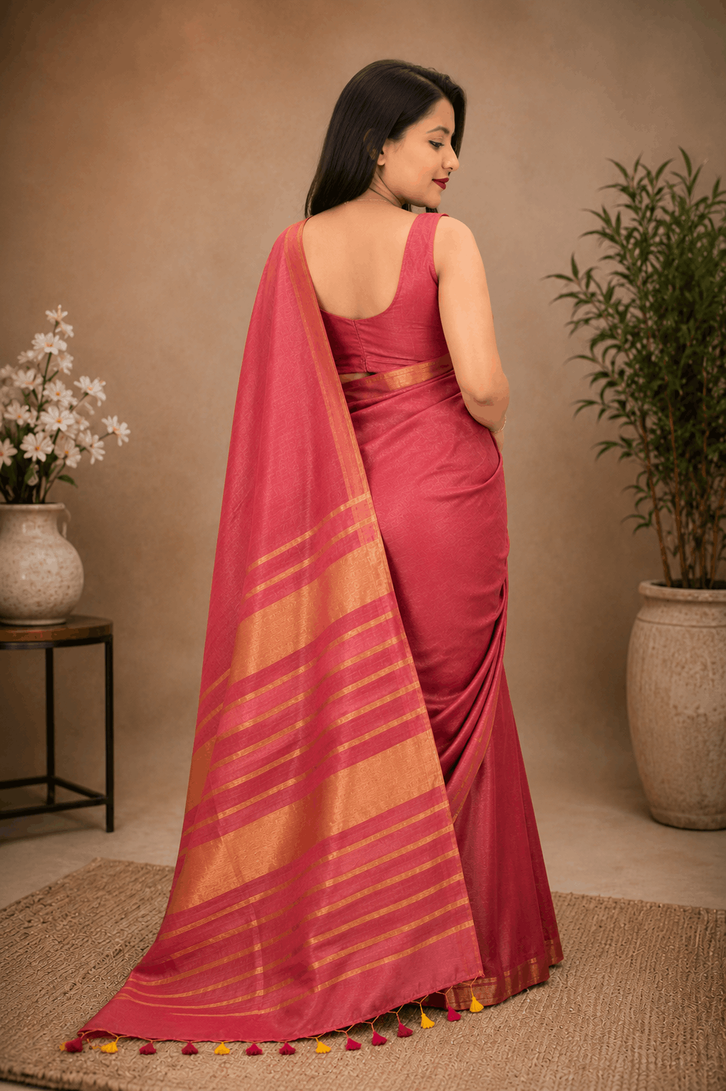 Premium Tissue Linen Saree – Rose Pink with Rich Golden Border