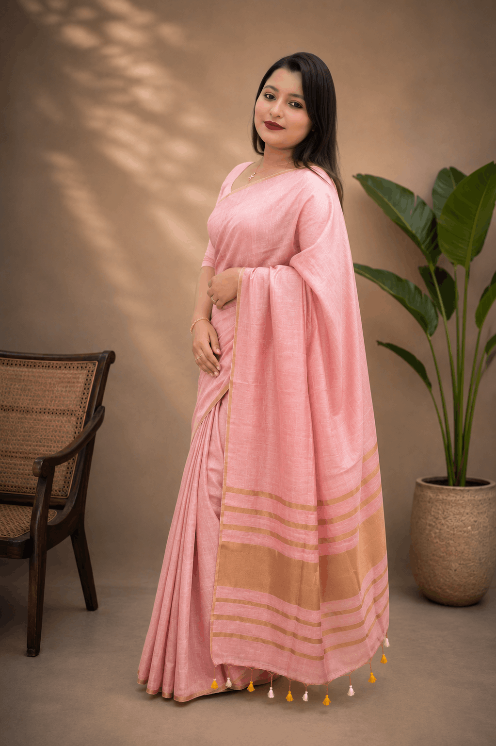 Premium Tissue Linen Saree – Baby Pink with Golden Border