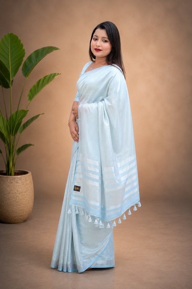 Premium Powder Blue Tissue Linen Saree