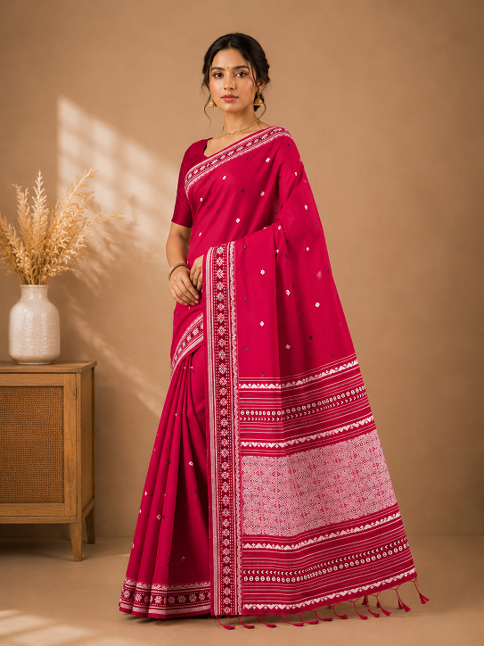 Premium Assam Khadi Saree – Rani Pink Elegance
