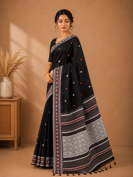 Premium Black Assam Khadi Saree with Traditional Woven Border