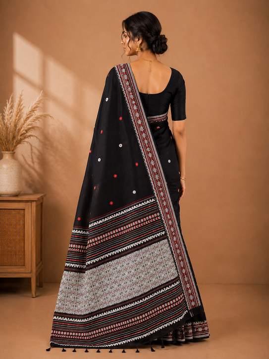 Premium Black Assam Khadi Saree with Traditional Woven Border