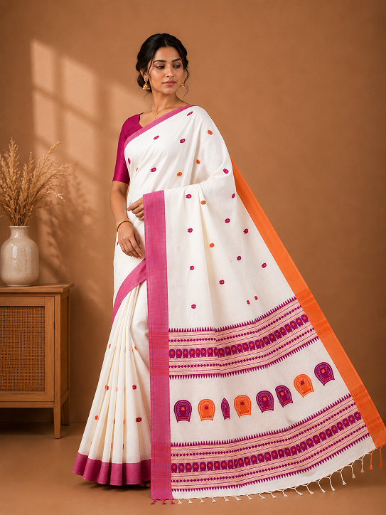 Premium Assam Kulo Khadi Saree – Ivory White with Pink Border