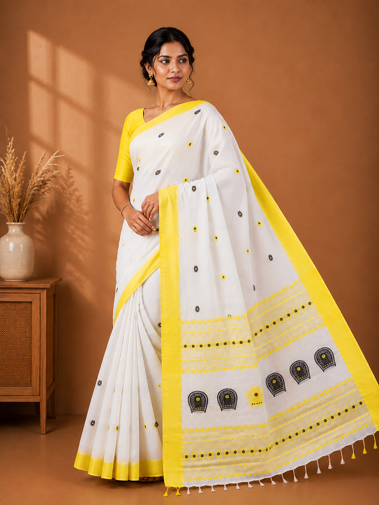 Sunshine Ivory Premium Assam Kulo Khadi Saree