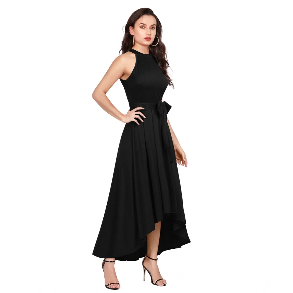 Women's Polyster Solid Halter Neck Sleeveless Dress (Black)