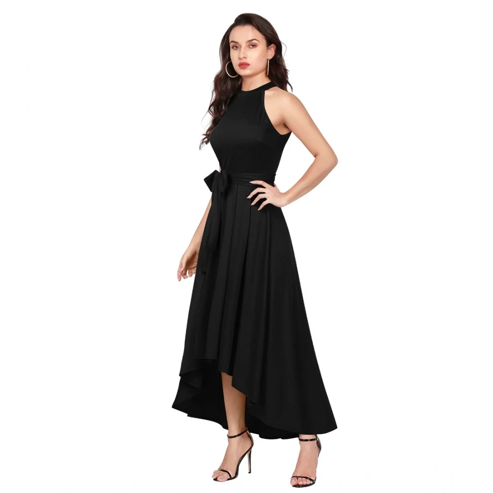 Women's Polyster Solid Halter Neck Sleeveless Dress (Black)