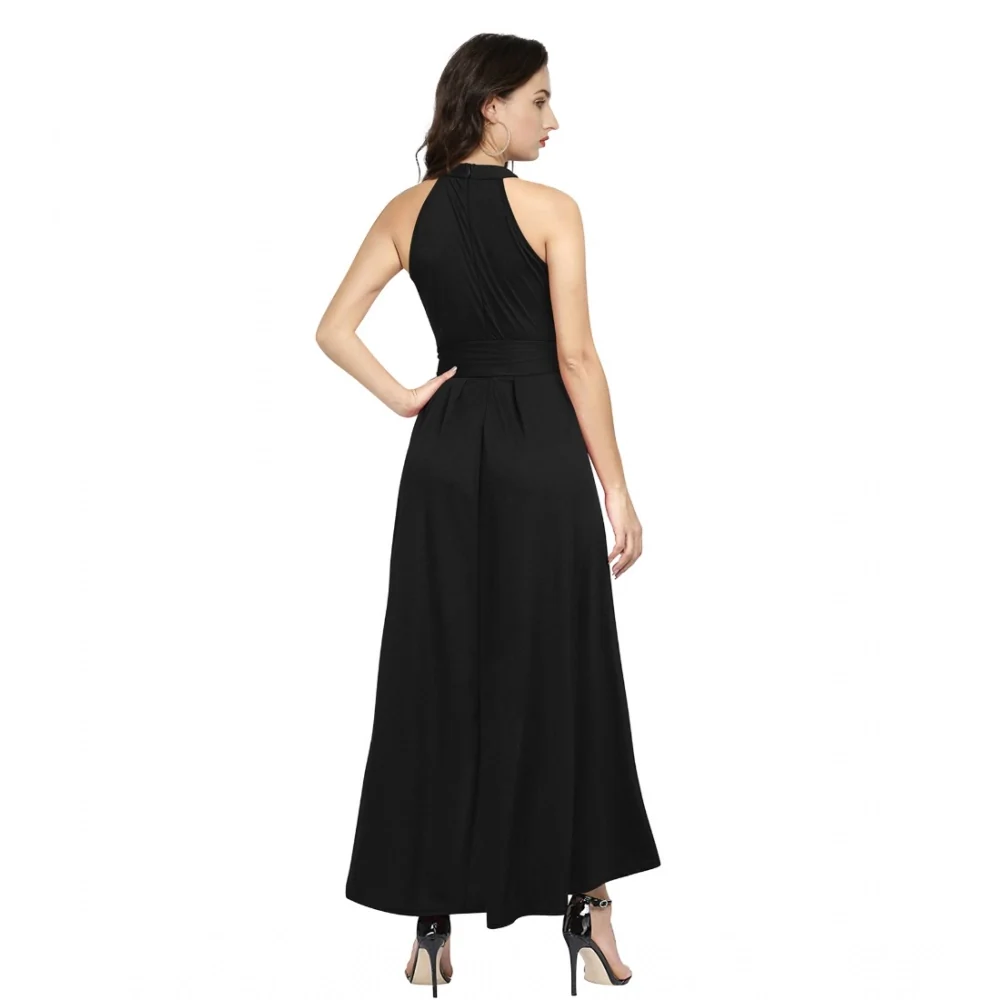 Women's Polyster Solid Halter Neck Sleeveless Dress (Black)