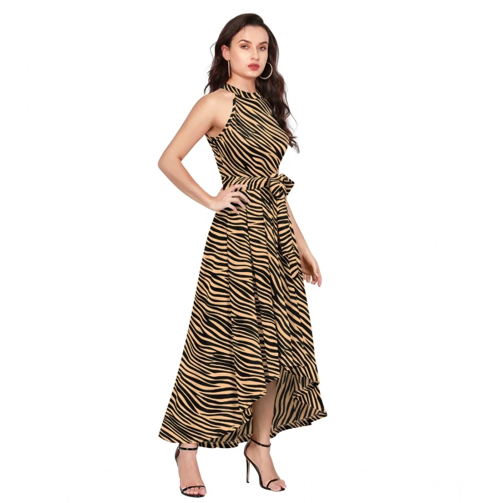 Women's Polyester Zebra Pattern Halter Neck Sleeveless Dress (Yellow)