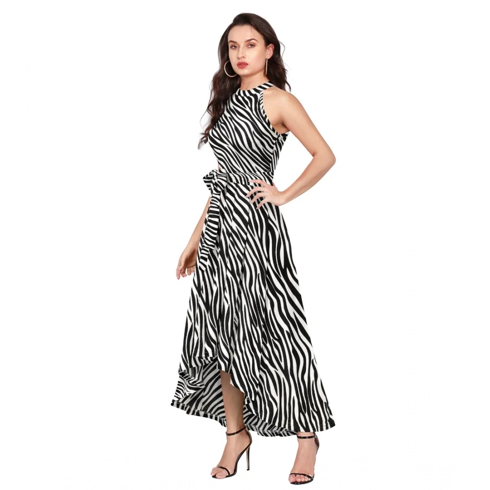 Women's Polyester Zebra Pattern Halter Neck Sleeveless Dress (White)  BSB71DYYYlt_S47_Zibra_Wht_L