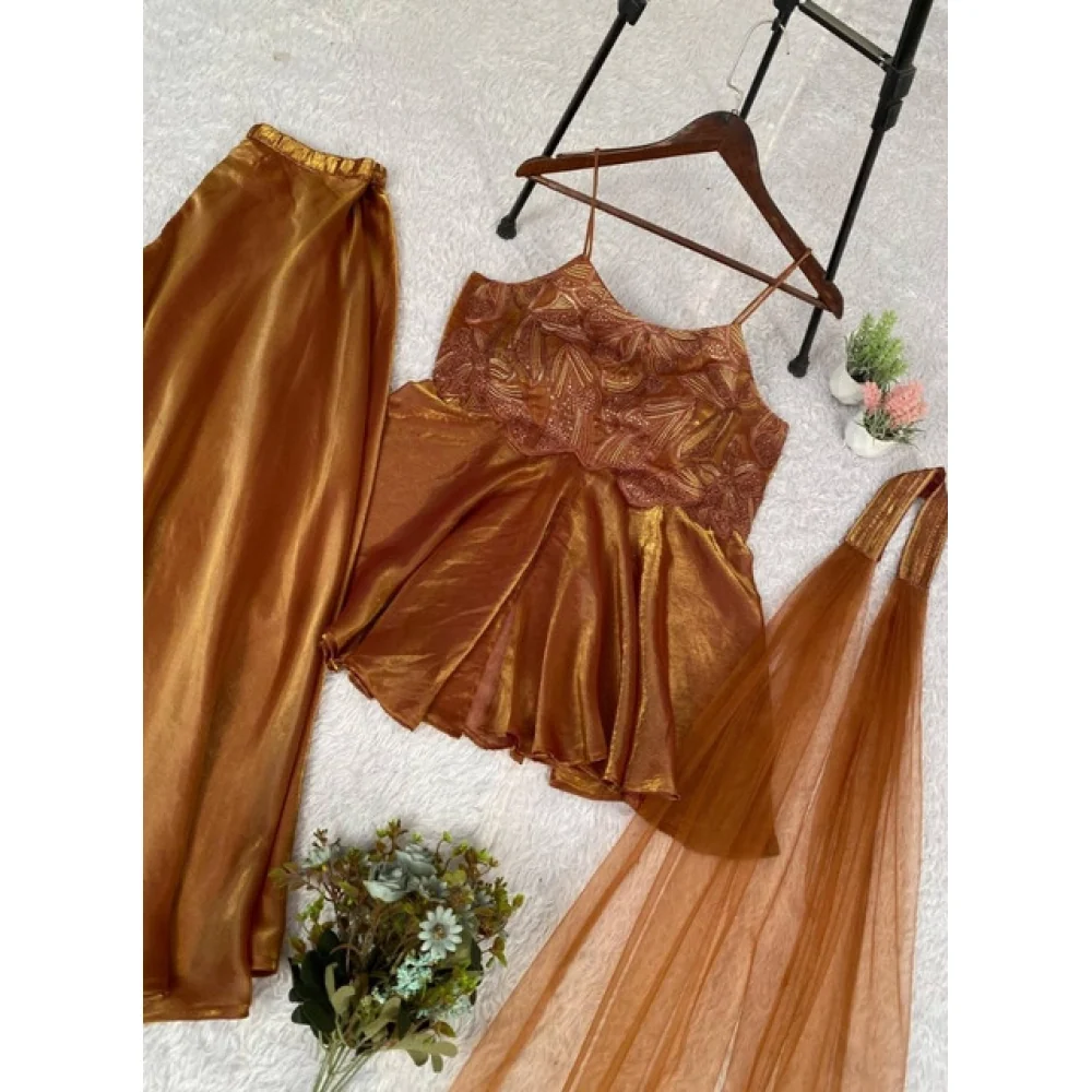 Women's Silk Embroidered Sleeveless Round Kurti With Palazzo Pant and Dupatta Set (Brown)        A3512222210_L 