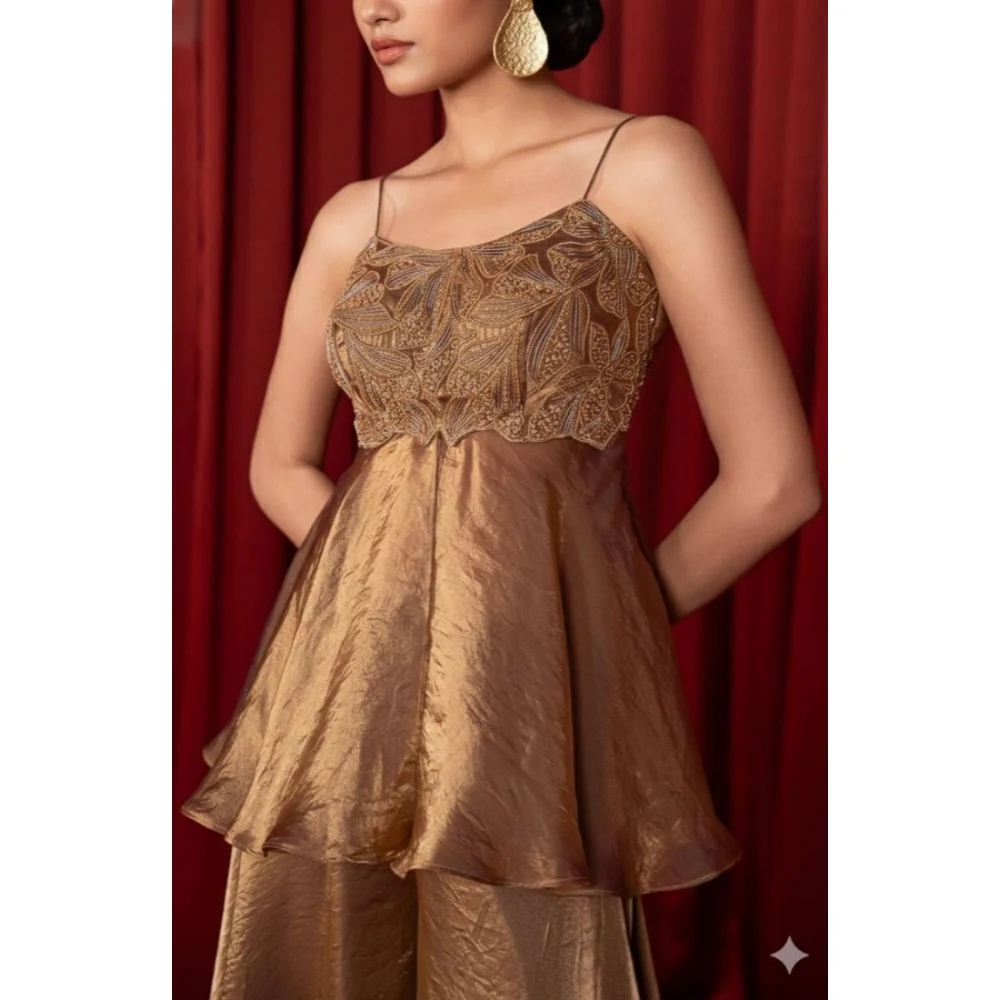 Women's Silk Embroidered Sleeveless Round Kurti With Palazzo Pant and Dupatta Set (Brown)        A3512222210_L 