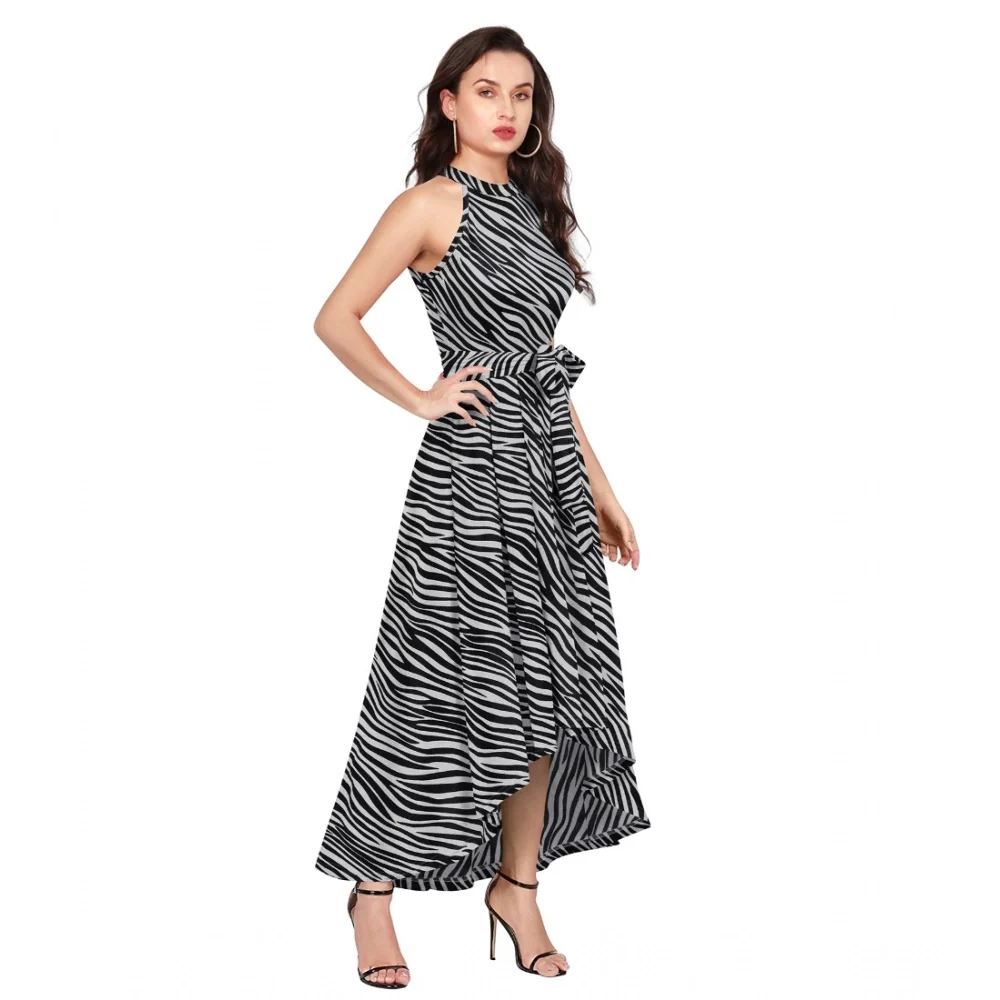 Women's Polyester Zebra Pattern Halter Neck Sleeveless Dress (Navy Blue)