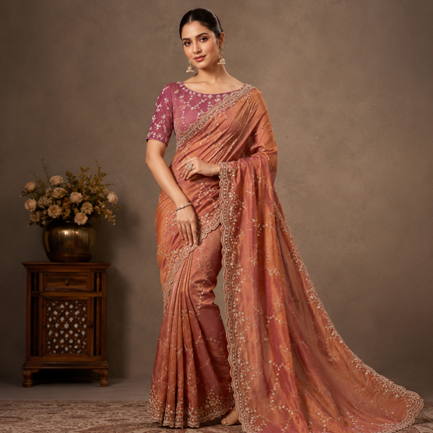 Women's Silk Embellished Saree With Unstitched Blouse 5.5Mtr (Peach) A871692685