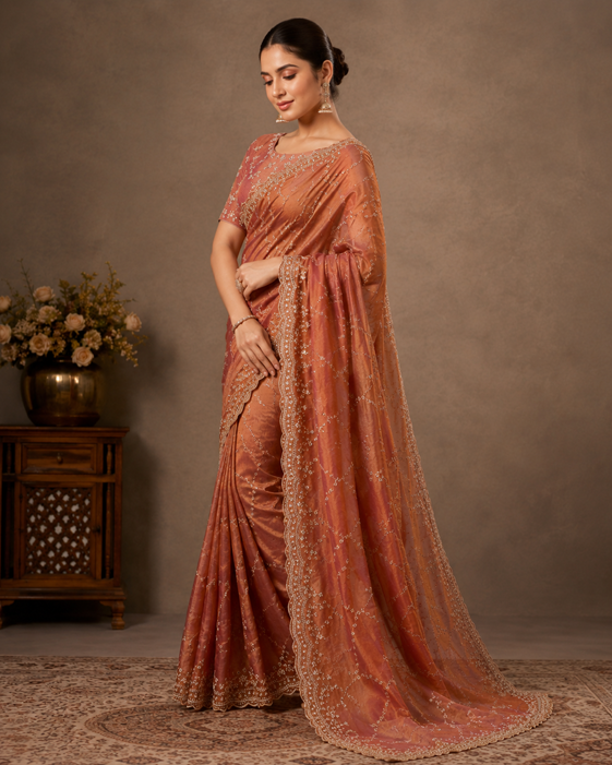 Women's Silk Embellished Saree With Unstitched Blouse 5.5Mtr (Peach) A871692685