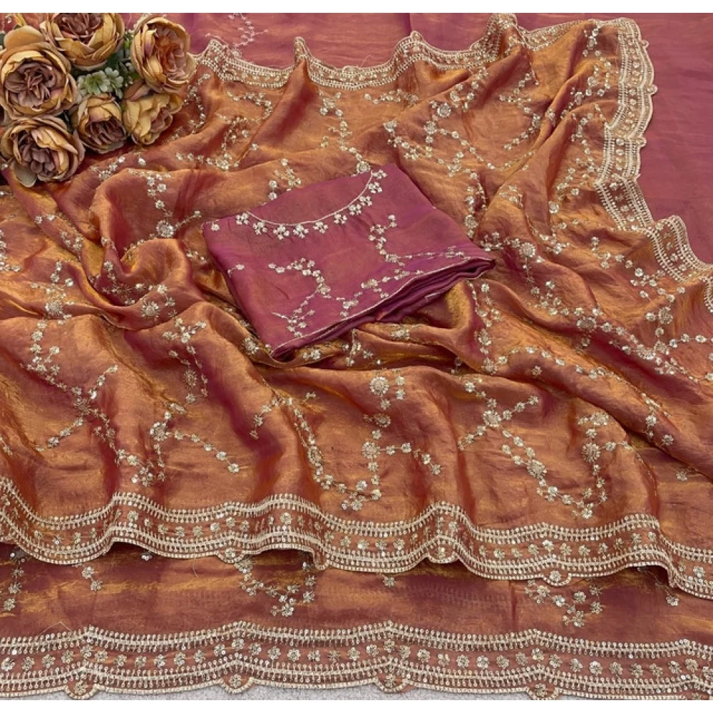 Women's Silk Embellished Saree With Unstitched Blouse 5.5Mtr (Peach) A871692685