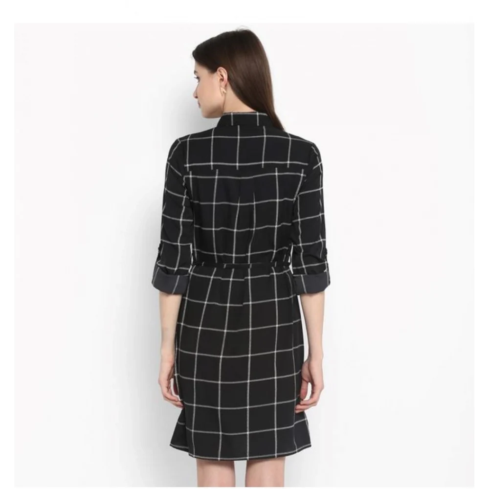 Women's Polyester Checkered Roll Up Sleeve Above Knee Dress (Black - White) BSB1833YYY322_XL