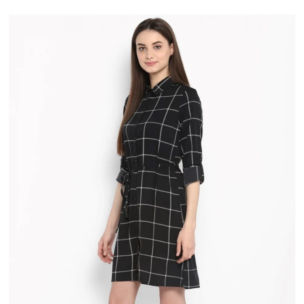 Women's Polyester Checkered Roll Up Sleeve Above Knee Dress (Black - White) BSB1833YYY322_XL