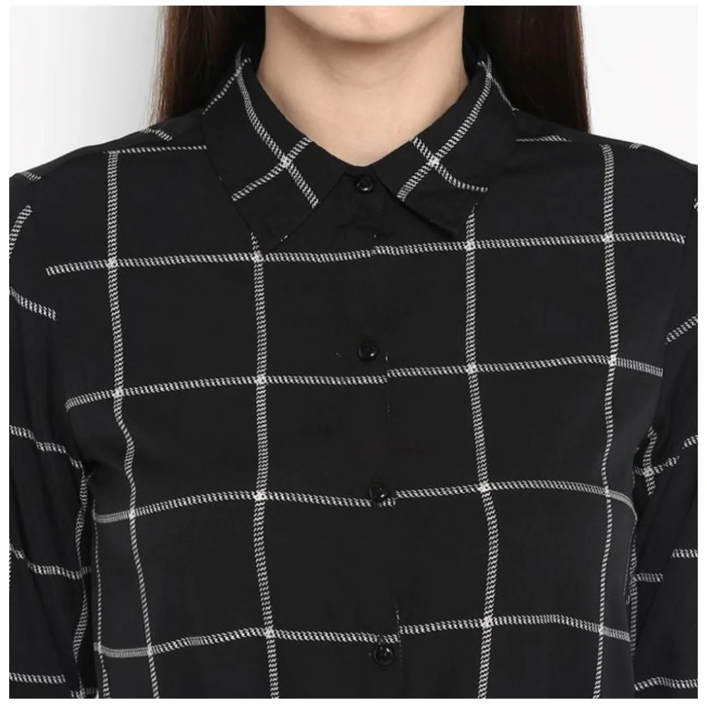 Women's Polyester Checkered Roll Up Sleeve Above Knee Dress (Black - White) BSB1833YYY322_XL