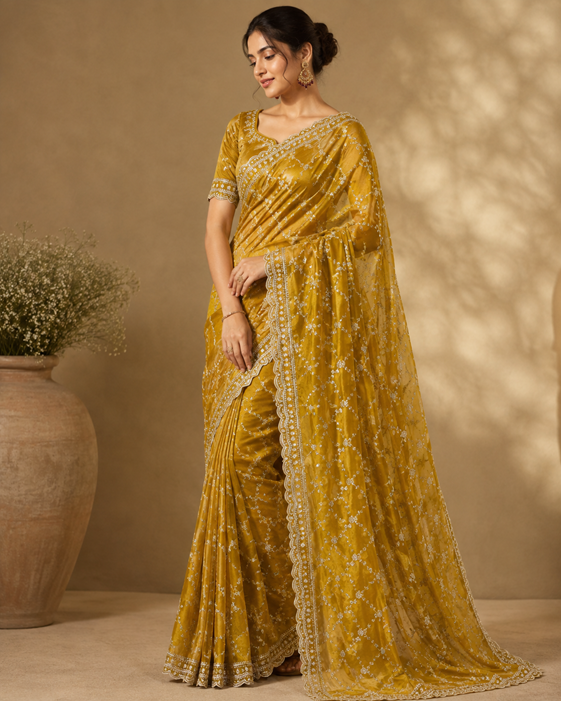 Women's Silk Embellished Saree With Unstitched Blouse 5.5Mtr (Mustard-Yellow)        A871692686