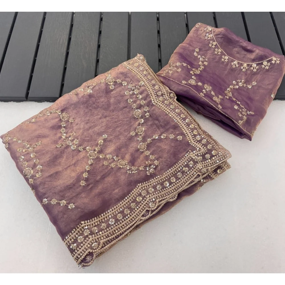 Women's Silk Embellished Saree With Unstitched Blouse 5.5Mtr (Lavender)       A871692682