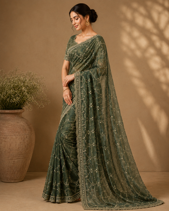 Women's Silk Embellished Saree With Unstitched Blouse 5.5Mtr (Green) A871692681