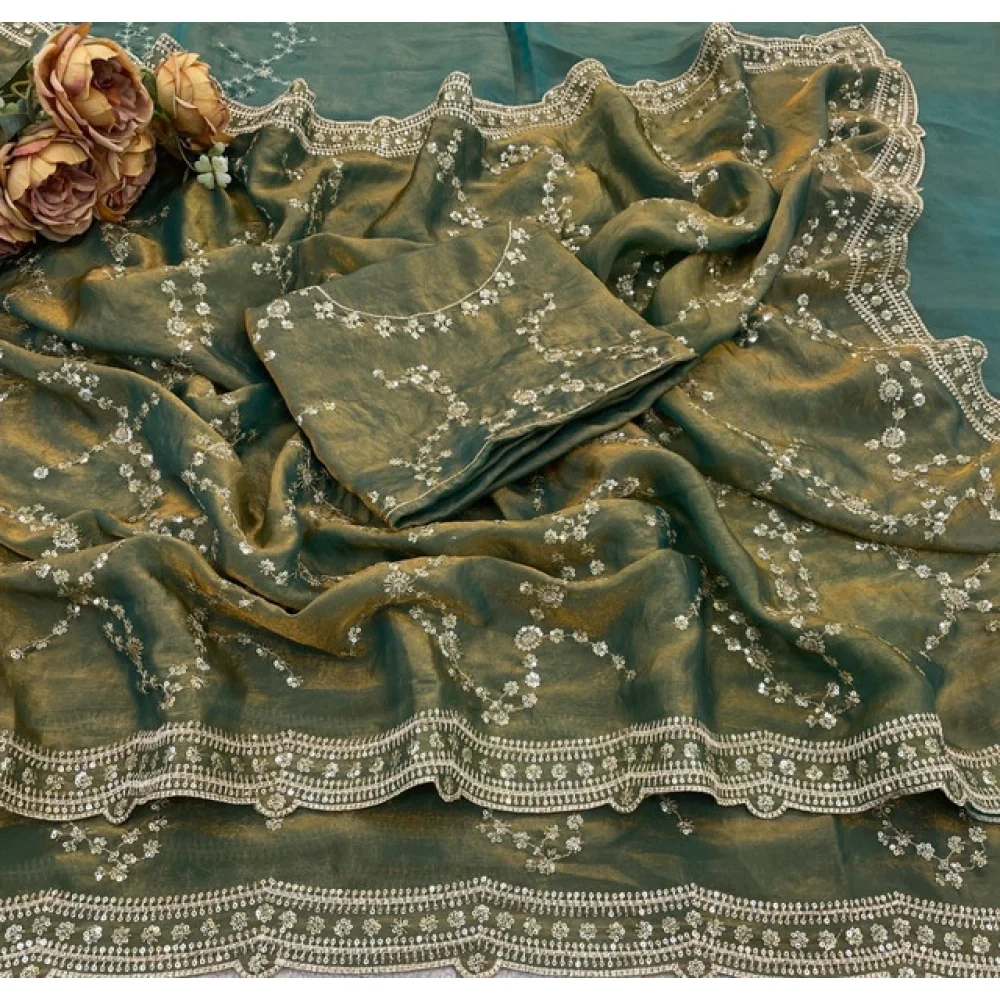 Women's Silk Embellished Saree With Unstitched Blouse 5.5Mtr (Green) A871692681