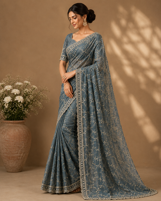 Women's Silk Embellished Saree With Unstitched Blouse 5.5Mtr (Grey)
