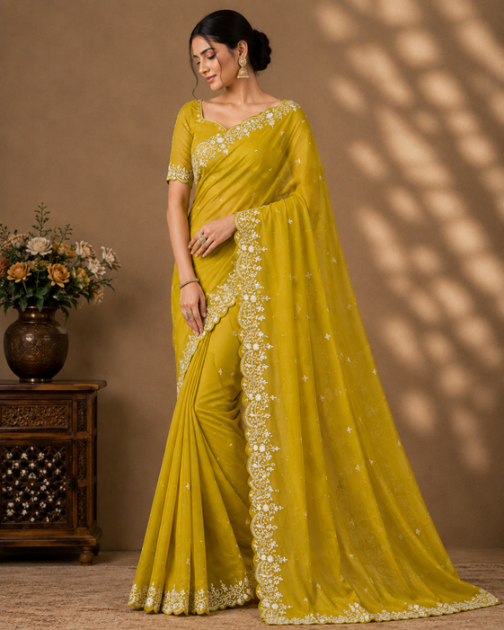 Women's Star Georgette Embroidered Saree With Unstitched Blouse 5.5Mtr (Mustard Yellow)        A871692647