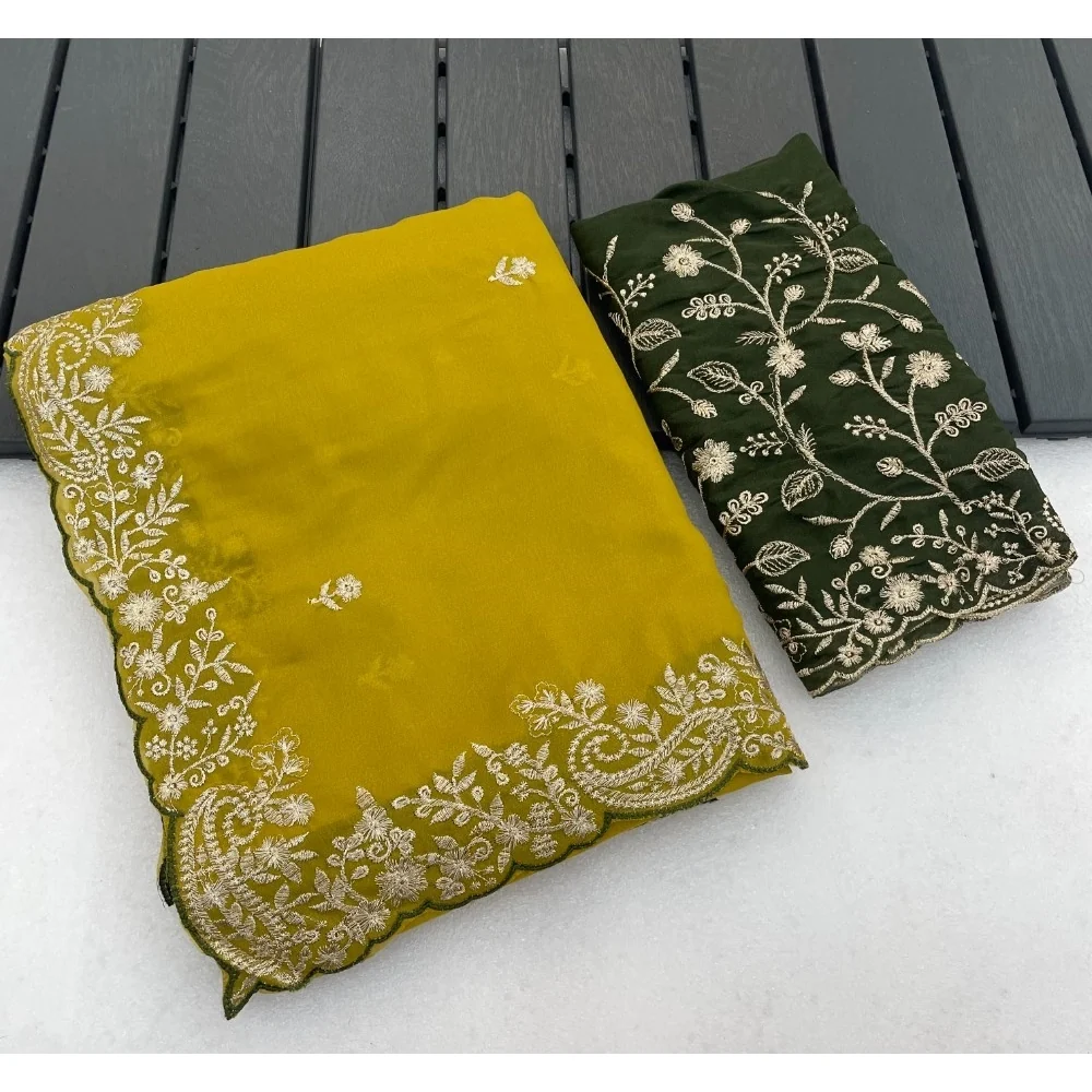 Women's Star Georgette Embroidered Saree With Unstitched Blouse 5.5Mtr (Mustard Yellow)        A871692647
