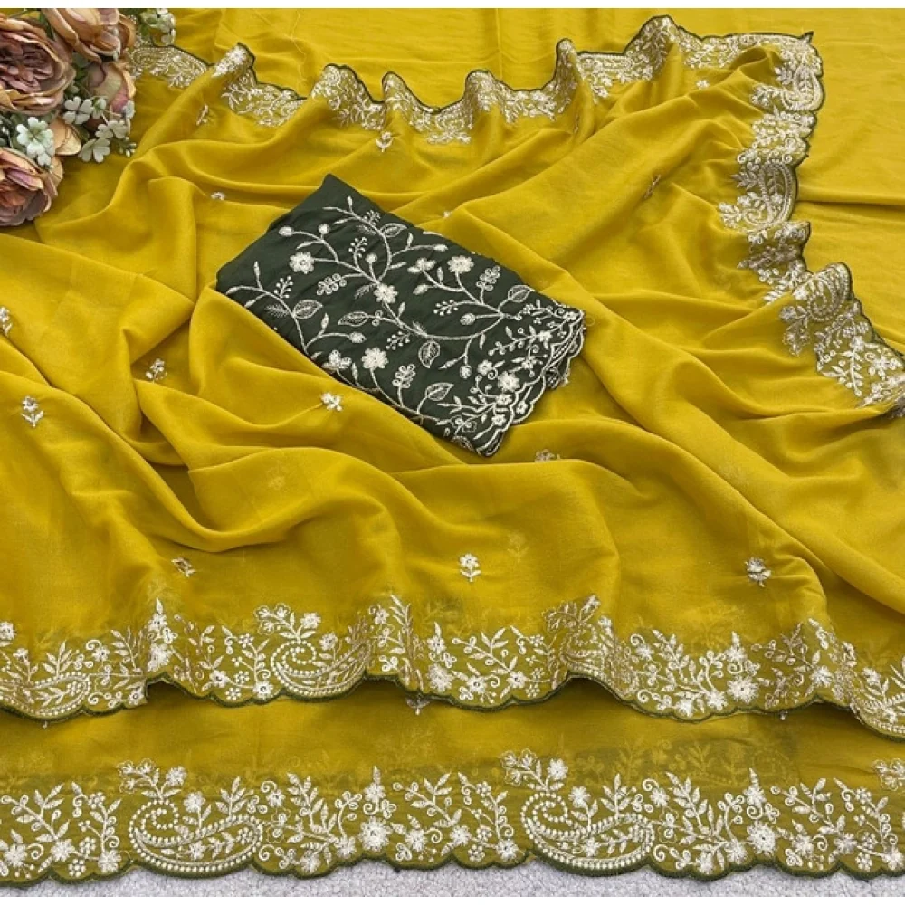 Women's Star Georgette Embroidered Saree With Unstitched Blouse 5.5Mtr (Mustard Yellow)        A871692647
