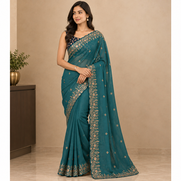 Women's Star Georgette Embroidered Saree With Unstitched Blouse 5.5Mtr (Sea Green)      A871692646