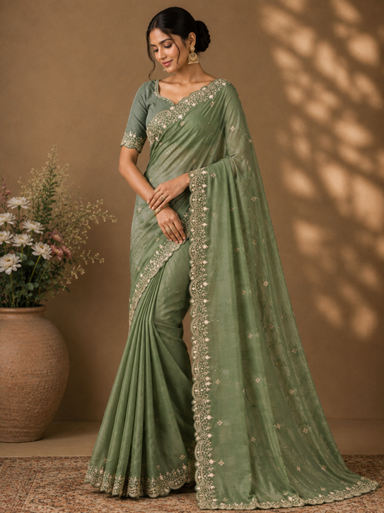 Women's Star Georgette Embroidered Saree With Unstitched Blouse 5.5Mtr (Green)    A871692643