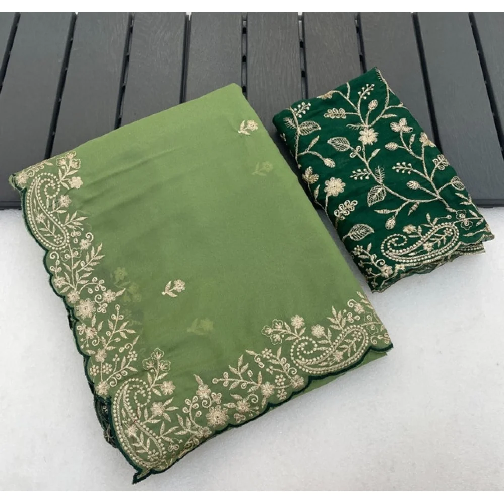 Women's Star Georgette Embroidered Saree With Unstitched Blouse 5.5Mtr (Green)    A871692643