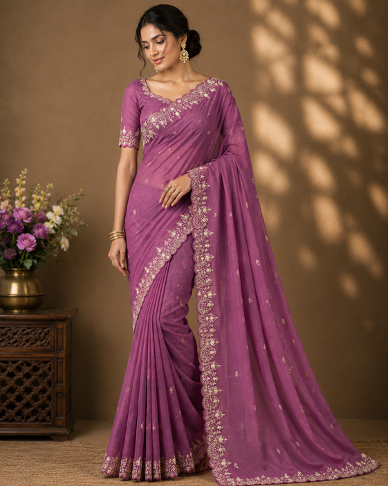 Women's Star Georgette Embroidered Saree With Unstitched Blouse 5.5Mtr (Pink)      A871692644