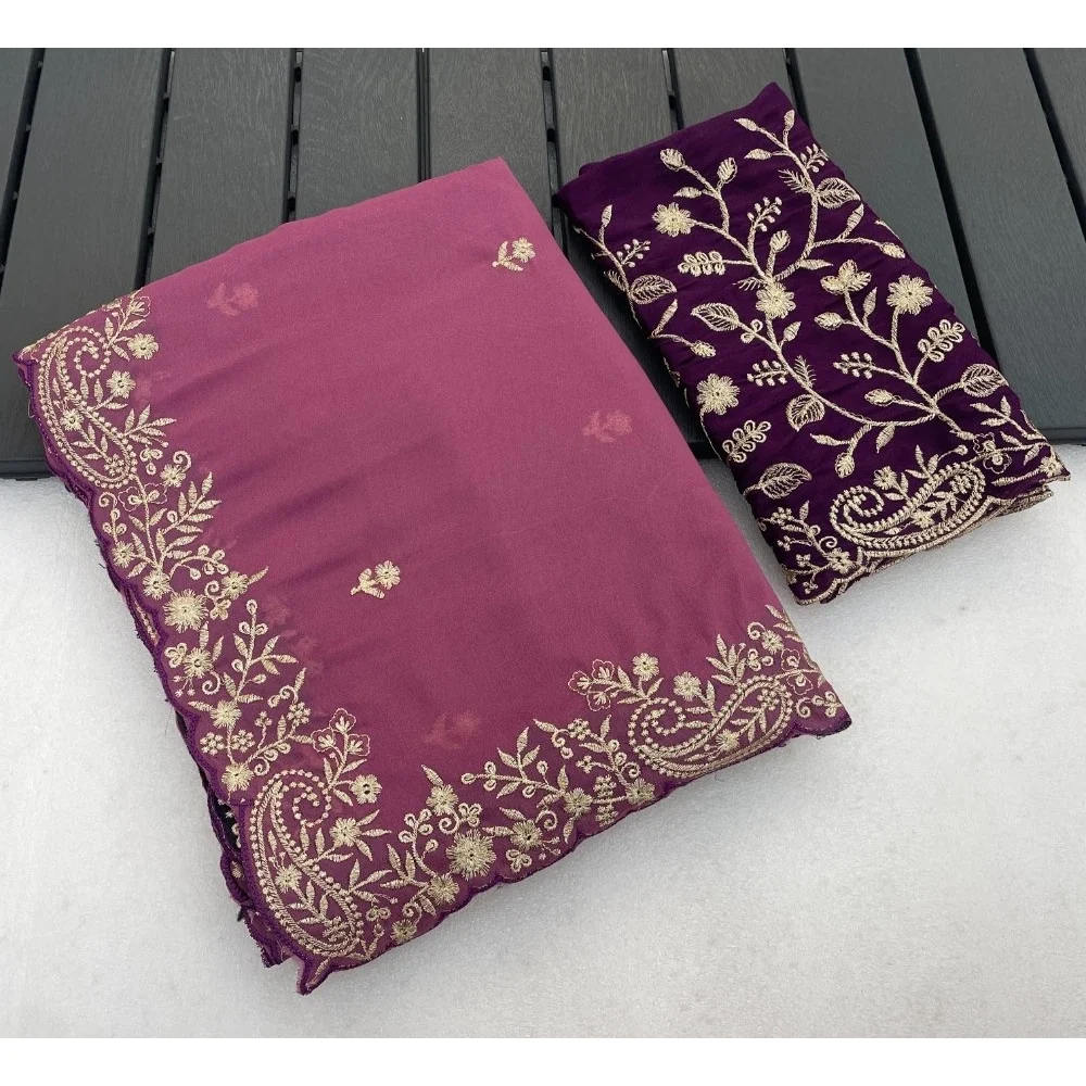 Women's Star Georgette Embroidered Saree With Unstitched Blouse 5.5Mtr (Pink)      A871692644