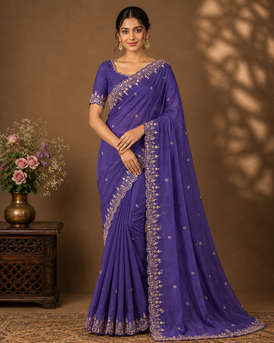 Women's Star Georgette Embroidered Saree With Unstitched Blouse 5.5Mtr (Purple) A871692645