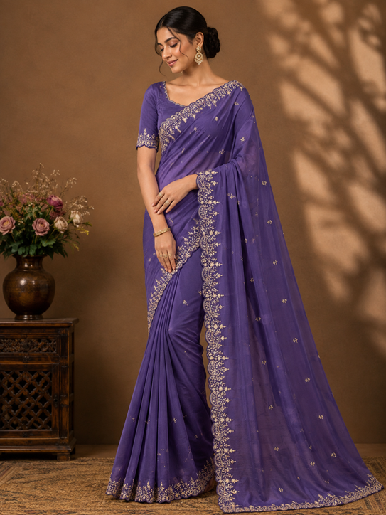 Women's Star Georgette Embroidered Saree With Unstitched Blouse 5.5Mtr (Purple) A871692645