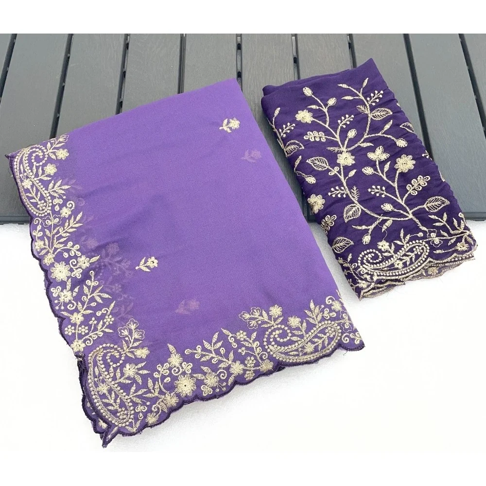 Women's Star Georgette Embroidered Saree With Unstitched Blouse 5.5Mtr (Purple) A871692645