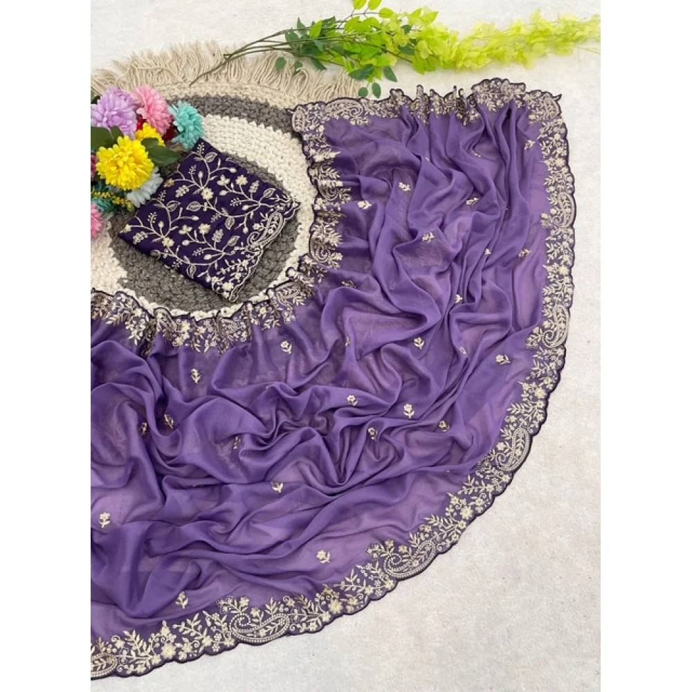 Women's Star Georgette Embroidered Saree With Unstitched Blouse 5.5Mtr (Purple) A871692645