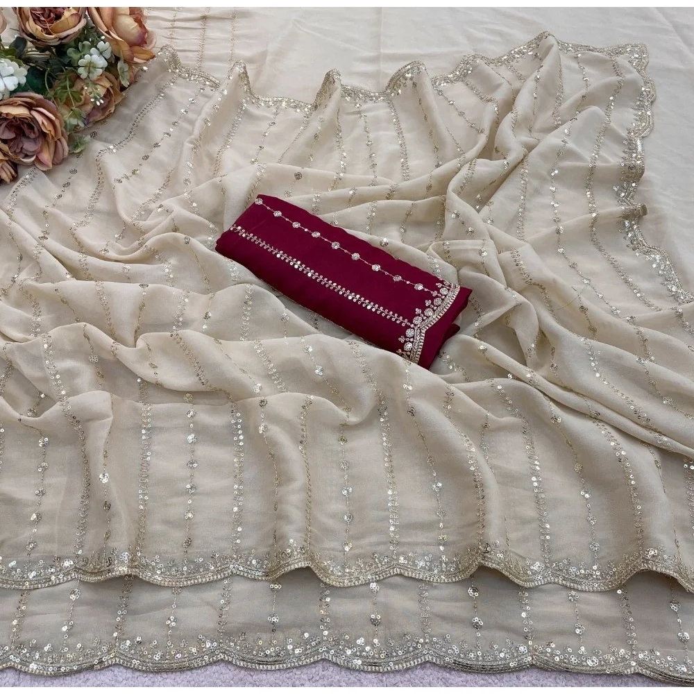 Women's Star Georgette Embroidered Saree With Unstitched Blouse 5.5Mtr (Beige)    A871692615 