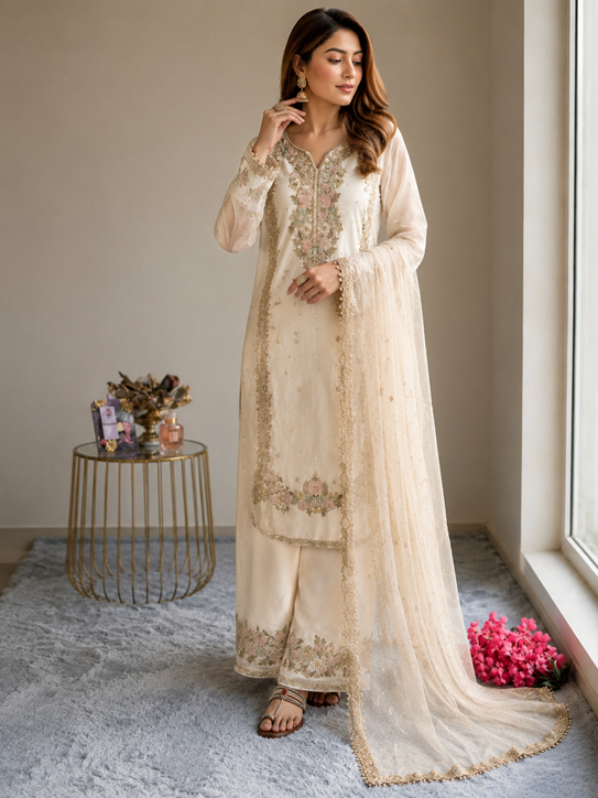 Women's Silk Embroidered 3/4th Sleeve Round Kurti With Palazzo Pant and Dupatta Set (White)       A3512222219_L
