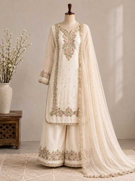 Women's Silk Embroidered 3/4th Sleeve Round Kurti With Palazzo Pant and Dupatta Set (White)       A3512222219_L