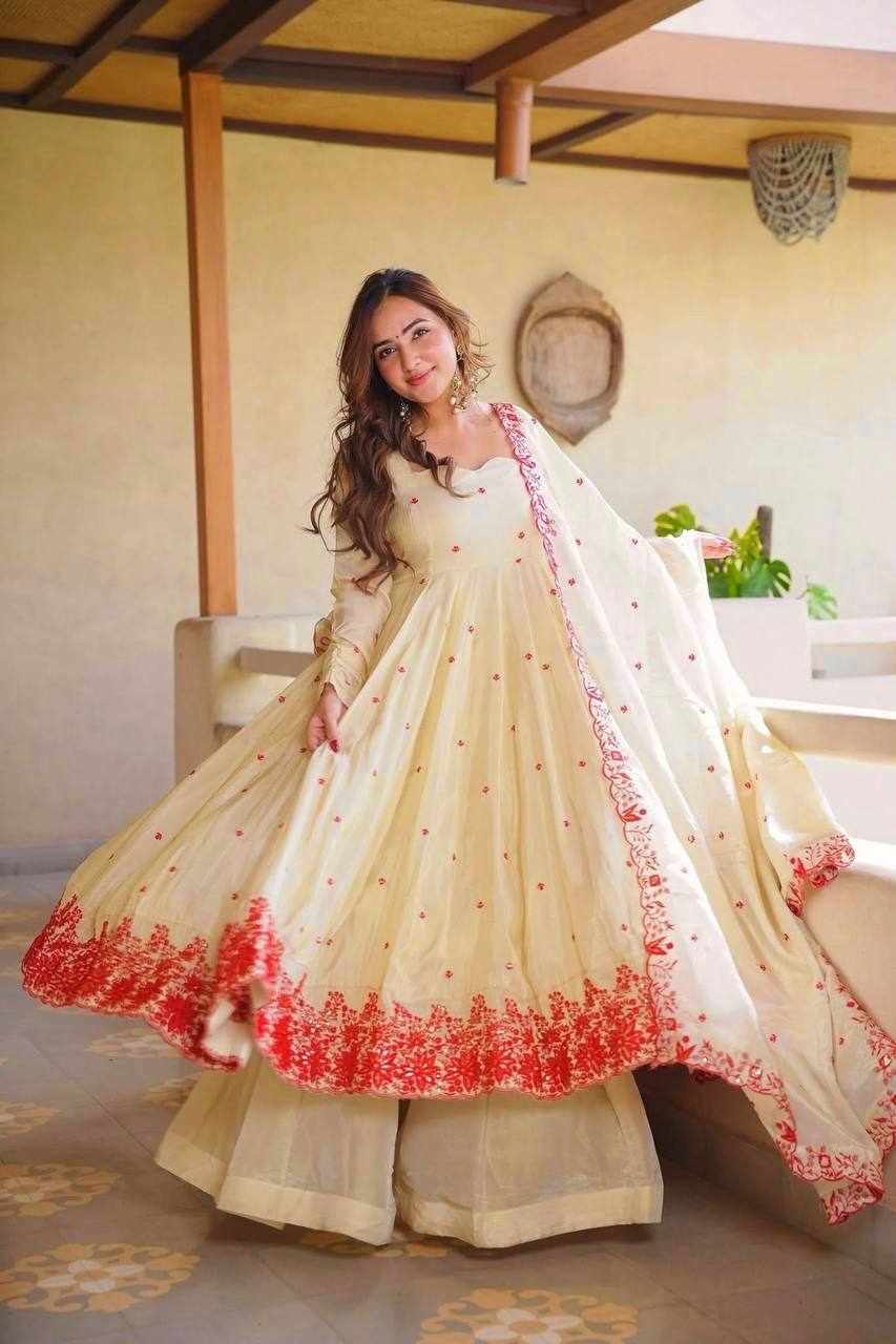 Premium Ivory Embroidered Anarkali 3-Piece Set