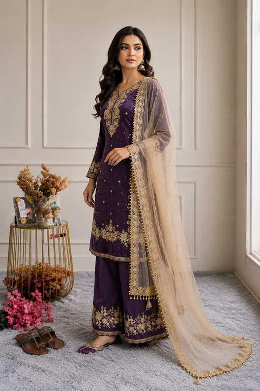 Women's Silk Embroidered 3/4th Sleeve Round Kurti With Palazzo Pant and Dupatta Set (Purple)      A3512222218_L